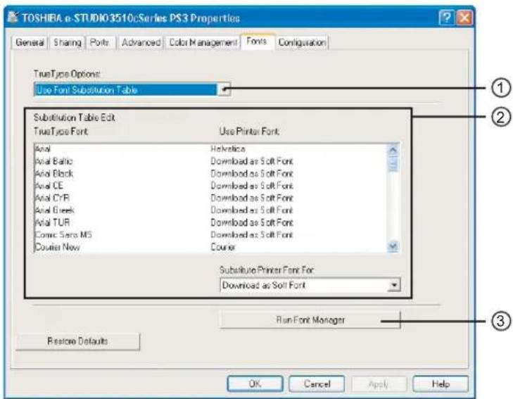 TOSHIBA e-STUDIO3510:Series PS3 Properties General Sharing Ports Advanced Color Management Fonts Configuration TrueType Options: Use Font Substitution Table Substitution Table Edit TrueType Font Use Printer Font Arial Helvetica Arial Balko Download as Soft Font Arial Black Download as Soft Font Arial CE Download as Soft Font Arial CYR Download as Soft Font Arial Greek Download as Soft Font Arial TUR Download as Soft Font Comic Sans MS Download as Soft Font Courier New Courier Substitute Printer Font For Download as Soft Font Run Font Manager Restore Defaults OK Cancel Apply Help