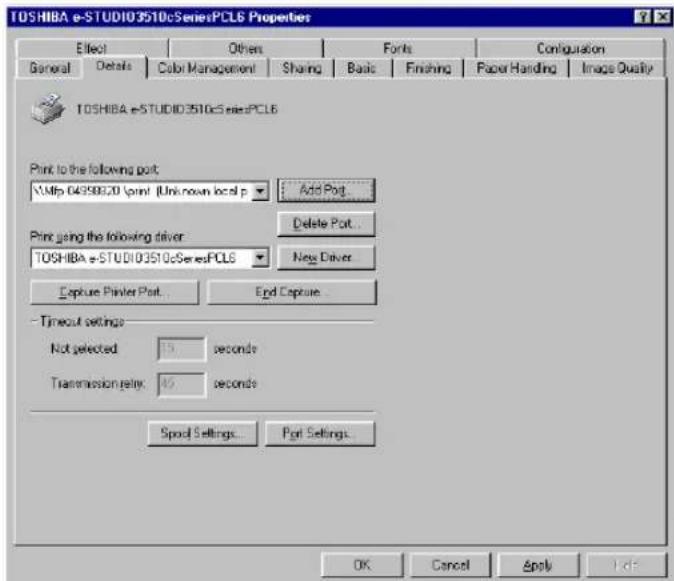 TOSHIBA e-STUDIO3510cSeriesPCL6 Properties Effect General Details Color Management Share Basic Finishing Paper Handling Image Quality TOSHIBA e-STUDIO3510cSeriesPCL6 Print to the following port: \Mfp 0439820 /print (Unknown local p Add Port... Print using the following driver: TOSHIBA e-STUDIO3510cSeriesPCL6 Delete Port... New Driver... Capture Printer Port... End Capture... Timeout settings Not selected: 15 seconds Transmission relay: 45 seconds Speed Settings... Port Settings... OK Cancel Apply Help
