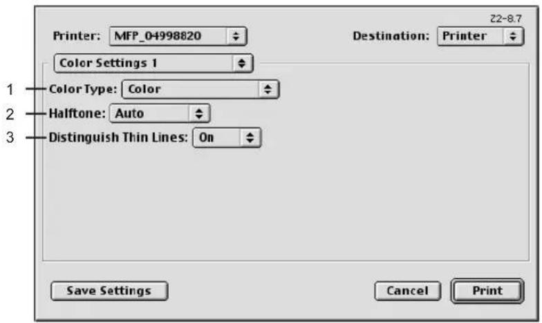 Printer: MFP_04998820 Color Settings 1 Color Type: Color Halftone: Auto Distinguish Thin Lines: On Z2-8.7 Destination: Printer 1 2 3 Save Settings Cancel Print