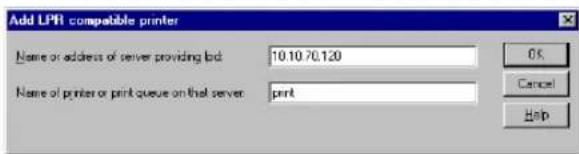 Add LPR compatible printer Name or address of server providing lod: 10.10.70.120 Name of printer or print queue on that server: print OK Cancel Help