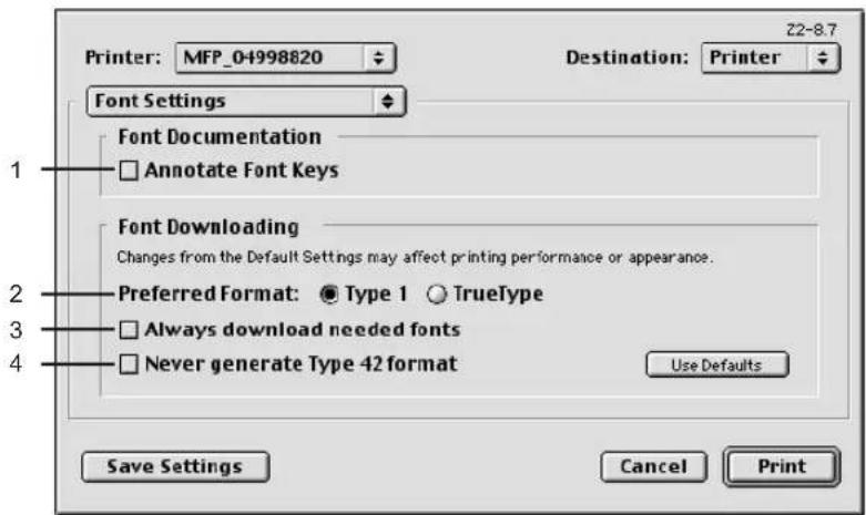 Printer: MFP_04998820 Destination: Printer Font Settings Font Documentation Annotate Font Keys Font Downloading Changes from the Default Settings may affect printing performance or appearance. Preferred Format: Type 1 TrueType Always download needed fonts Never generate Type 42 format Use Defaults Save Settings Cancel Print