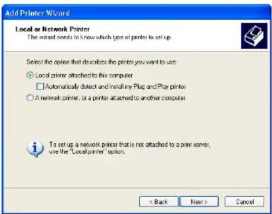 Add Printer Wizard Local or Network Printer The wizard needs to know which type of printer to set up Select the option that describes the printer you want to use: ○ Local printer attached to the computer □ Automatically detect and install my Plug and Play printer ○ A network printer, or a printer attached to another computer To set up a network printer that is not attached to a print server, use the "Local printer" option. < Back Next > Cancel