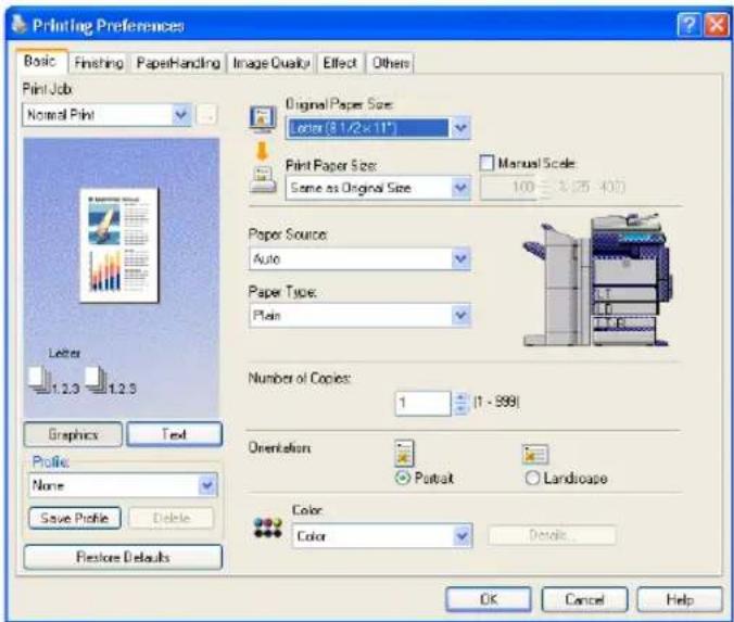 Printing Preferences Basic Finishing PaperHandling XiImage Quality Effect Others Print Job Normal Print Original Paper Size: Letter (8 1/2 x 11°) Print Paper Size: Manual Scale: Some as Original Size 100 - 3 (25 - 40°) Paper Source: Auto Paper Type: Plain Number of Copies: 1 (1 - 999) Orientation Portrait Landroape Color Color Details... Graphics Text Profile: None Save Profile Delete Restore Defaults OK Cancel Help