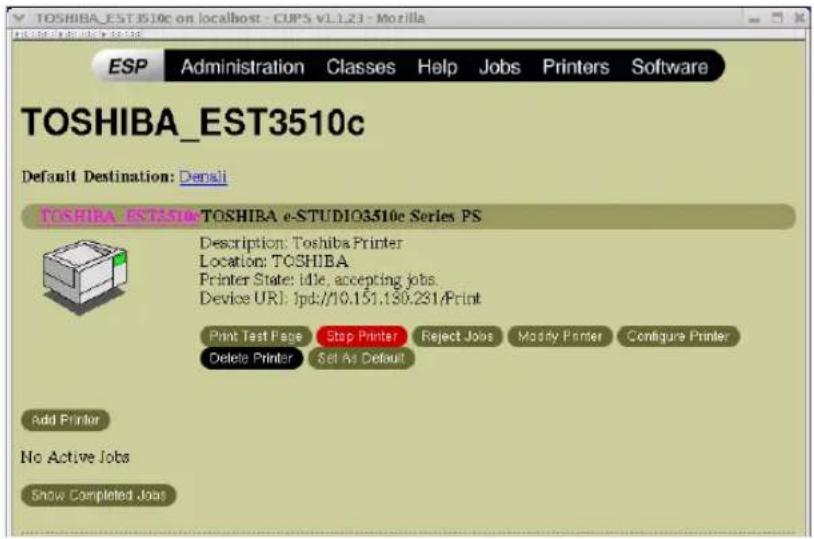 TOSHIBA_EST3510c on localhost - CUPS vLL23 - Mozilla ESP Administration Classes Help Jobs Printers Software TOSHIBA_EST3510c Default Destination: Denali TOSHIBA_EST3510e TOSHIBA e-STUDIO3510c Series PS Description: Toshiba Printer Location: TOSHIBA Printer State: Idle, accepting jobs. Device URI: 1pd://10.151.180.231/Print Print Test Page Stop Printer Reject Jobs Modify Printer Configure Printer Delete Printer Set As Default Add Printer No Active Jobs Show Completed Jobs