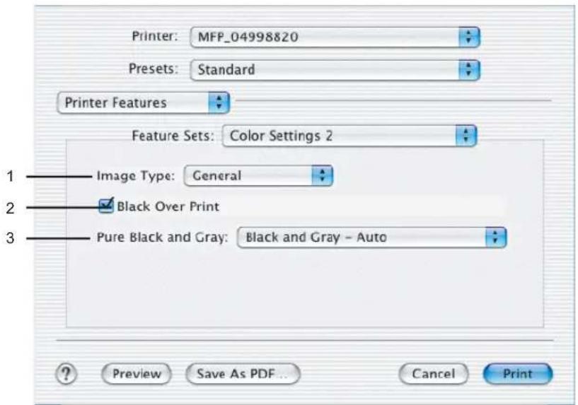 Printer: MFP_04998820 Presets: Standard Printer Features Feature Sets: Color Settings 2 1 Image Type: General 2 Black Over Print 3 Pure Black and Gray: Black and Gray - Auto ? Preview Save As PDF Cancel Print