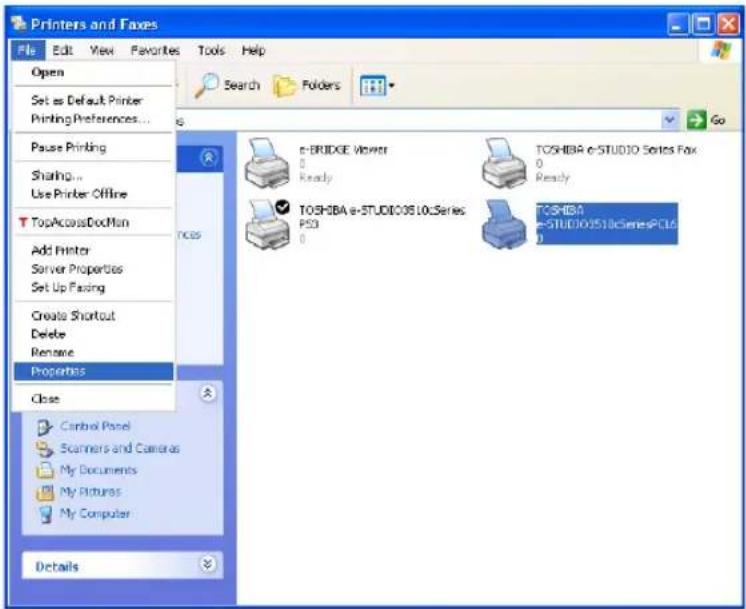 Printers and Faxes File Edit View Favorites Tools Help Open Set as Default Printer Printing Preferences... Pause Printing Sharing... Use Printer Offline TopAccessDocMan Add Printer Server Properties Set Up Fasting Create Shortcut Delete Rename Properties Close Control Panel Scanners and Cameras My Documents My Pictures My Computer Details Search Folders Go e-BRIDGE Viewer Ready TOSHBA e-STUDIO Series Fax Ready TOSHBA e-STUDIO Series PC16 0 TOSHBA e-STUDIO Series PC16 0 TOSHBA e-STUDIO Series PC16 0 Details