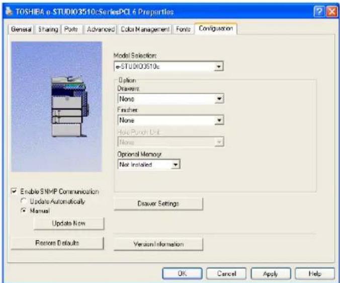 TOSHIBA e-STUDIO3510cSeriesPCI 6 Properties General Sharing Ports Advanced Color Management Fonts Configuration Model Selection: e-STUDIO3510c Option Drawers: None Finisher: None Hot Punch Unit: None Optional Memory: Not Installed Enable SNMP Communication Update Automatically Manual Update Now Drawer Settings Restor Defaults Version Information OK Cancel Apply Help