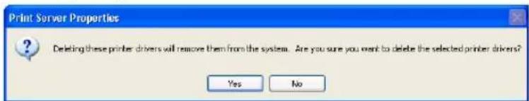 Print Server Properties Deleting these printer drivers will remove them from the system. Are you sure you want to delete the selected printer drivers? Yes No