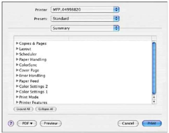 Printer: MFP_04998820 Presets: Standard Summary Copies & Pages Layout Scheduler Paper Handling ColorSync Cover Page Error Handling Paper Feed Color Settings 2 Color Settings 1 Print Mode Printer Features Expand All Collapse All ? PDF ▼ Preview Cancel Print