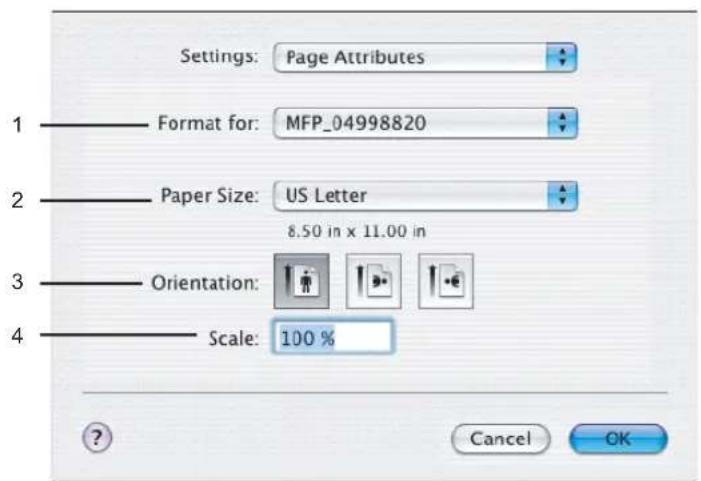 Settings: Page Attributes 1 —— Format for: MFP_04998820 2 —— Paper Size: US Letter 8.50 in x 11.00 in 3 —— Orientation: 4 —— Scale: 100 % Cancel OK