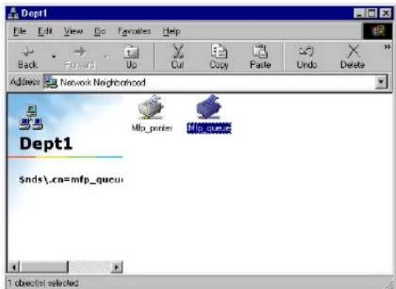 Dept1 File Edit View Go Favorites Help Back Forward Up Cut Copy Paste Undo Delete Address Network Neighborhood Dept1 Mfp_prints Mfp_qucu $nds\cn=mfp_qucu 1 obiect(s) selected