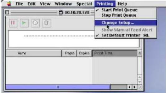 File Edit View Window Special Printing Help 10.10.70.120 Start Print Queue Stop Print Queue Change Setup... Show Manual Feed Alert Set Default Printer SSL Name Pages Copies Print Time
