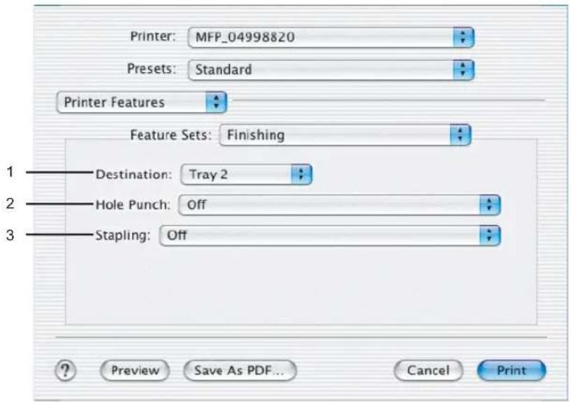 Printer: MFP_04998820 Presets: Standard Printer Features Feature Sets: Finishing 1—Destination: Tray 2 2—Hole Punch: Off 3—Stapling: Off ? Preview Save As PDF... Cancel Print