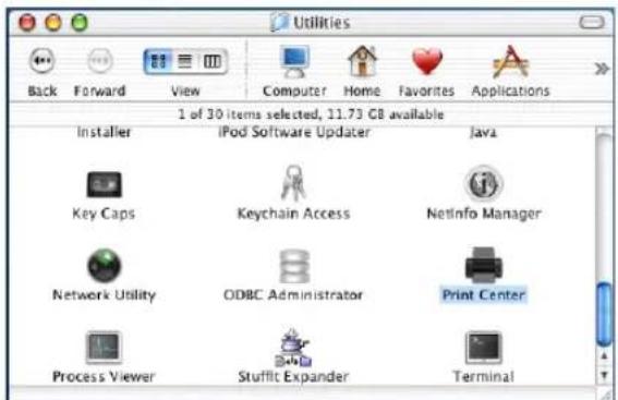 Utilities Back Forward View Computer Home Favorites Applications 1 of 30 items selected, 11.73 GB available Installer iPod Software Updater Java Key Caps Keychain Access NetInfo Manager Network Utility ODBC Administrator Print Center Process Viewer Stuffit Expander Terminal