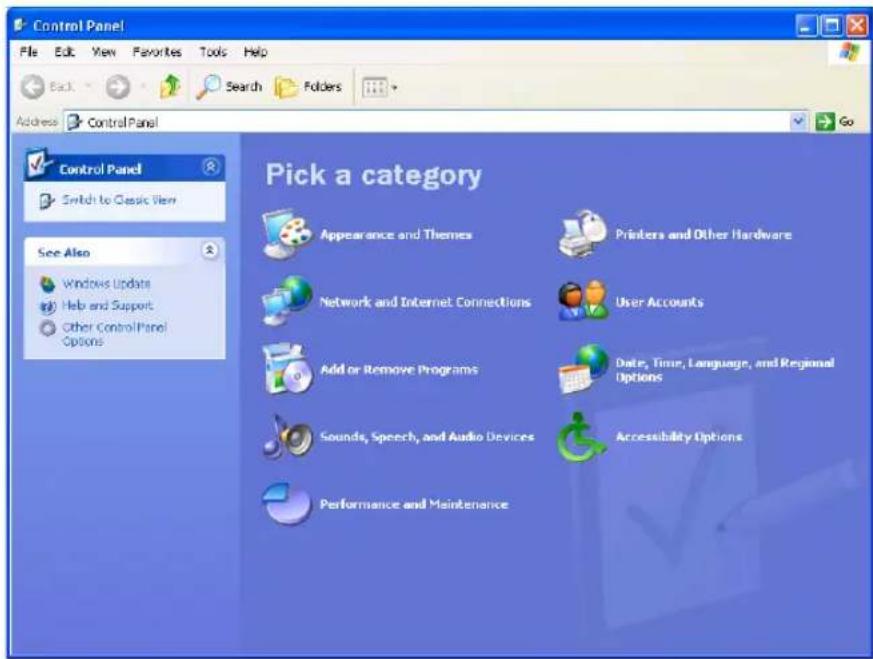 Pick a category Appearance and Themes Printers and Other Hardware Network and Internet Connections User Accounts Add or Remove Programs Date, Time, Language, and Regional Options Sounds, Speech, and Audio Devices Accessibility Options Performance and Maintenance