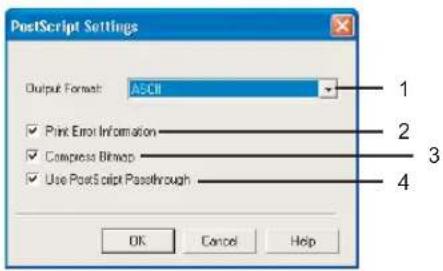 PostScript Settings Output Format: ASCII ✓ Print Error Information ✓ Compress Bitmap ✓ Use PostScript Passthrough OK Cancel Help 1 2 3 4