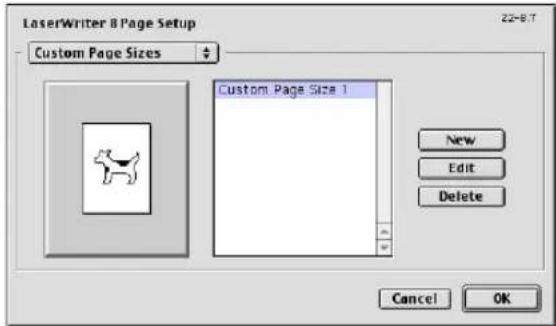 LaserWriter 8 Page Setup Custom Page Sizes 22-9.7 Custom Page Size 1 New Edit Delete Cancel OK