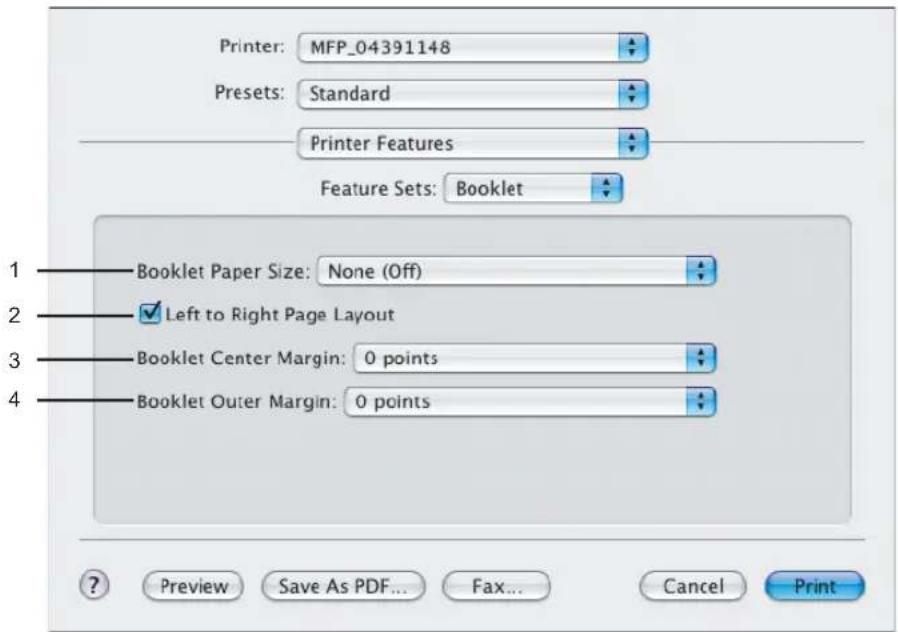 Printer: MFP_04391148 Presets: Standard Printer Features Feature Sets: Booklet 1 Booklet Paper Size: None (Off) 2 Left to Right Page Layout 3 Booklet Center Margin: 0 points 4 Booklet Outer Margin: 0 points ? Preview Save As PDF... Fax... Cancel Print