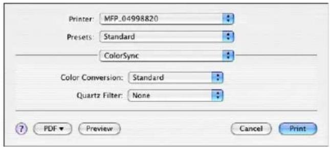 Printer: MFP_04998820 Presets: Standard ColorSync Color Conversion: Standard Quartz Filter: None ? PDF ▼ Preview Cancel Print