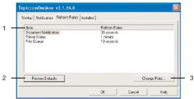 TopAccessDocMon v3.1.66.0 Startup | Notification | Refresh Rates | Installed | Item Refresh Rates Document Notification 30 seconds Printer Status 1 minute Print Queue 10 seconds 2 Restore Defaults Change Rate... OK Cancel Help