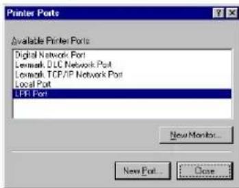 Printer Ports Available Printer Ports Digital Network Port Lenmark DLC Network Port Lenmark TCP/IP Network Port Local Port LPR Port New Monitor... New Port... Close