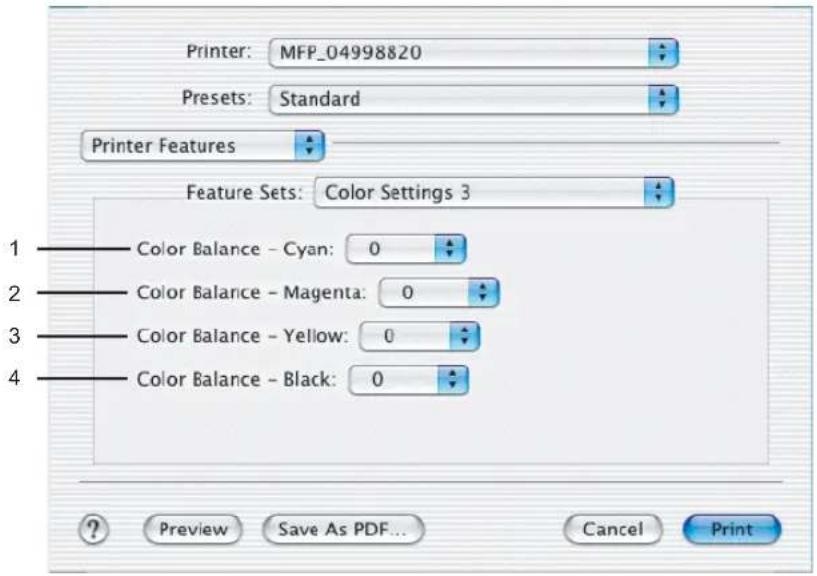 Printer: MFP_04998820 Presets: Standard Printer Features Feature Sets: Color Settings 3 1 Color Balance - Cyan: 0 2 Color Balance - Magenta: 0 3 Color Balance - Yellow: 0 4 Color Balance - Black: 0 Preview Save As PDF... Cancel Print