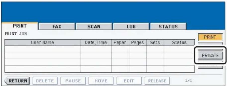 PRINT FAX SCAN LOG STATUS PRINT JOB User Name Date,Time Paper Pages Sets Status PRINT PRIVATE RETURN DELETE PAUSE MOVE EDIT RELEASE 1/1