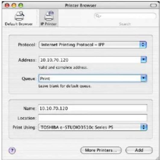 Printer Browser Default Browser IP Printer Search Protocol: Internet Printing Protocol - IPP Address: 10.10.70.120 Valid and complete address. Queue: Print Leave blank for default queue. Name: 10.10.70.120 Location: Print Using: TOSHIBA e-STUDIO3510c Series PS More Printers... Add