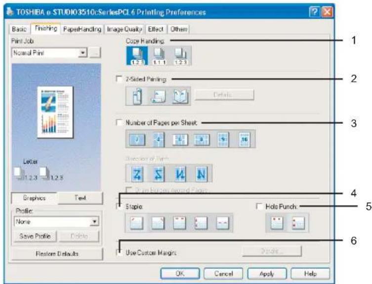 TOSHIBA e-STUDIO3510:SeriesPCL 6 Printing Preferences Basic Finishing PaperHandling Image Quality Effect Others Print Job Normal Print Copy Handling 1.23 1.1 1.23 2-Sided Printing Details Number of Pages per Sheet 7 4 3 2 16 Direction of Path Z S K N Share Numbers Covered Pages Staple: Hole Punch Use Custom Margins OK Cancel Apply Help