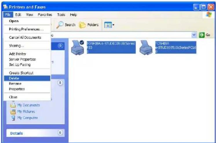 Printers and Faxes File Edit View Favorites Tools Help Open Printing Preferences... Cancel All Documents Sharing... Add Printer Server Properties Set Up Faxing Create Shortcut Delete Rename Properties Close My Documents My Pictures My Computer Details TOSHRAa-STUDI035.10cSeries PS3 TOSHBA STUDI035.10cSeriesPCIe 1