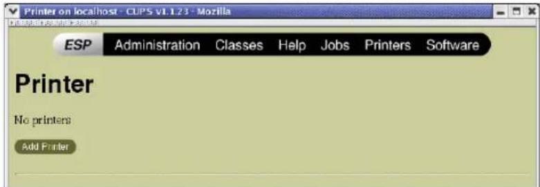 Printer on localhost - CUPS V1.1.23 - Mozilla ESP Administration Classes Help Jobs Printers Software Printer No printers Add Printer