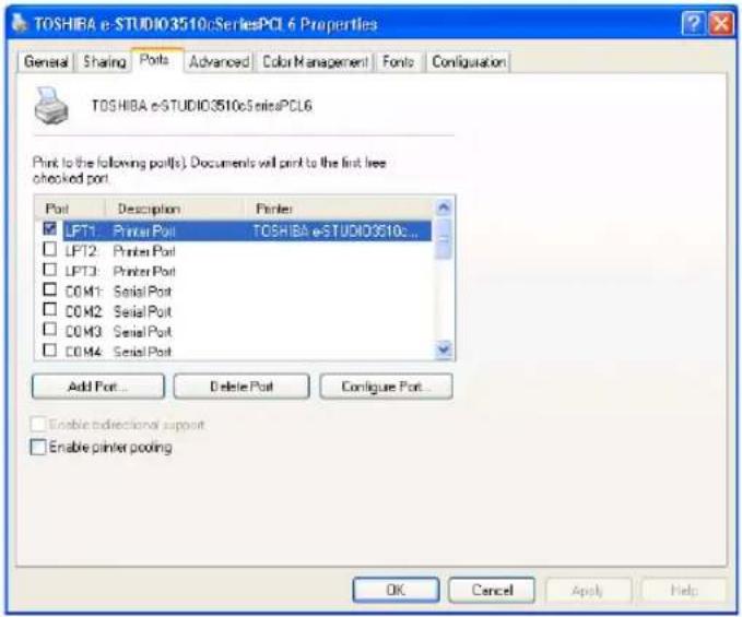 TOSHIBA e-STUDIO3510cSeriesPCL 6 Properties General Sharing Ports Advanced Color Management Fonts Configuration TOSHIBA e-STUDIO3510cSeriesPCL6 Print to the following port(s). Documents will print to the first free checked port. Port Description Printer LPT1: Printer Port TOSHIBA e-STUDIO3510c... LPT2: Printer Port LPT3: Printer Port COM1: Serial Port COM2: Serial Port COM3: Serial Port COM4: Serial Port Add Port... Delete Port Configure Port... Enable directional support Enable printer pooling OK Cancel Apply Help