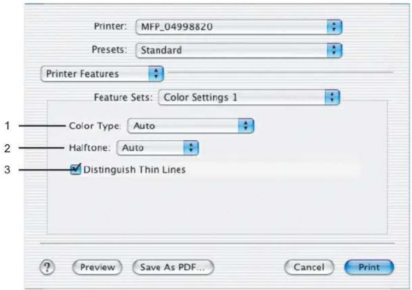 Printer: MFP_04998820 Presets: Standard Printer Features Feature Sets: Color Settings 1 1 Color Type: Auto 2 Halftone: Auto 3 Distinguish Thin Lines Preview Save As PDF... Cancel Print