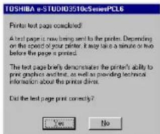 TOSHIBA e-STUDIO3510cSeriesPCL6 Printer text page completed! A test page is now being sent to the printer. Depending on the speed of your printer, it may take a minute or two before the page is printed. The test page briefly demonstrates the printer's ability to print graphics and text, as well as providing technical information about the printer driver. Did the test page print correctly? Yes No
