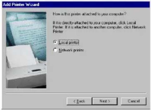 Add Printer Wizard How is this printer attached to your computer? If it is directly attached to your computer, click Local Printer. If it is attached to another computer, click Network Printer ● Local printer ○ Network printer < Back Next > Cancel