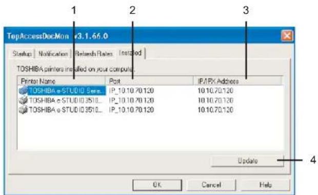 TopAccessDocMon v3.1.66.0 Startup | Notification | Refresh Rates | Installed | TOSHIBA printers installed on your computer. Printer Name Post IP/IPX Address TOSHIBA e-STUDIO 5.exe.IP_10.10.70.120 10.10.70.120 TOSHIBA e-STUDIO 3510...IP_10.10.70.120 10.10.70.120 TOSHIBA e-STUDIO 3510...IP_10.10.70.120 10.10.70.120 Update OK Cancel Help