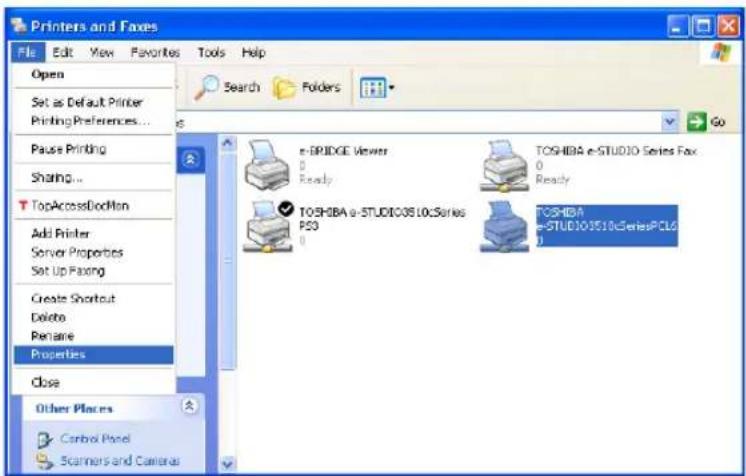 Printers and Faxes File Edit View Favorites Tools Help Open Set as Default Printer Printing Preferences... Pause Printing Sharing... TopAccessDoorMan Add Printer Server Properties Set Up Facing Create Shortcut Delete Rename Properties Close Other Places Control Panel Scanners and Cameras e-BRIDGE Viewer Ready TOSHIBA e-STUDIO Series Fax Ready TOSHIBA e-STUDIO Series PC16 0 TOSHIBA e-STUDIO Series PC16 0 Go