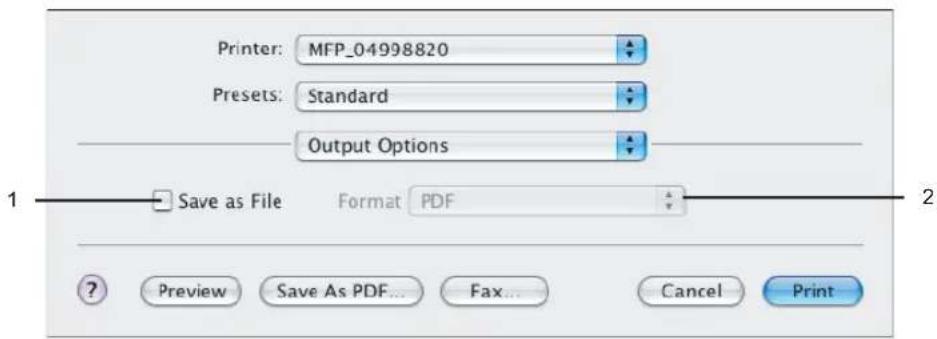 Printer: MFP_04998820 Presets: Standard Output Options Save as File Format PDF 2 Preview Save As PDF... Fax... Cancel Print