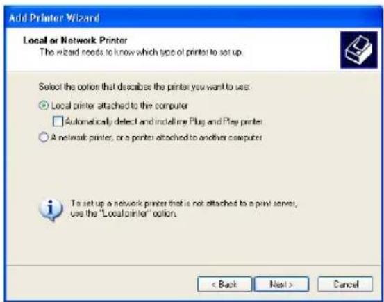 Add Printer Wizard Local or Network Printer The wizard needs to know which type of printer to set up Select the option that describes the printer you want to use: ○ Local printer attached to the computer □ Automatically detect and install my Plug and Play printer ○ A network printer, or a printer attached to another computer To set up a network printer that is not attached to a port server, use the "Local printer" option < Back Next > Cancel
