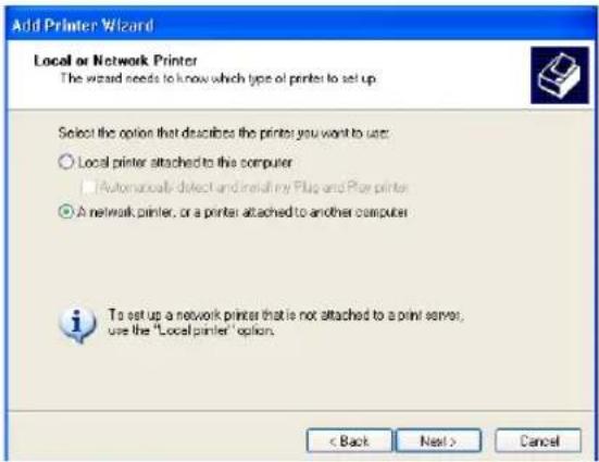Add Printer Wizard Local or Network Printer The wizard needs to know which type of printer to set up Select the option that describes the printer you want to use: ○ Local printer attached to this computer ■ Automatically detect and installing Plug and Plug printers ● A network printer, or a printer attached to another computer To set up a network printer that is not attached to a print server, use the "Local printer" option. < Back Next > Cancel
