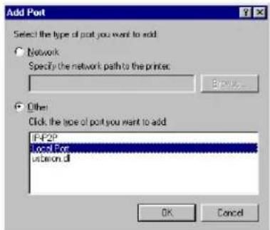 Add Port Select the type of port you want to add Network Specify the network path to the printer: Browse... Other Click the type of port you want to add IP-F2P Local Port usilon.pl OK Cancel