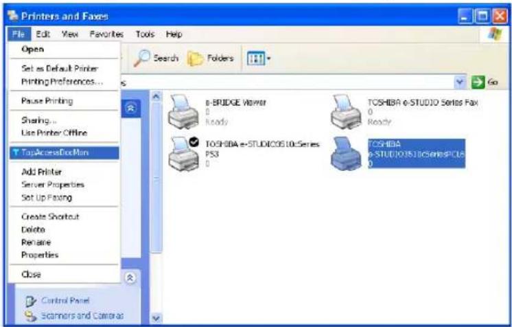 Printers and Faxes File Edit View Favorites Tools Help Open Set as Default Printer Printing Preferences... Pause Printing Sharing... Use Printer Offline TopAccessDocMen Add Printer Server Properties Set Up Fasting Create Shortcut Delete Rename Properties Close Control Panel Scanners and Cameras Search Folders Go 8-BRIDGE Viewer 0 Ready TOSHIBA e-STUDIOOS10-Series PS3 0 TOSHIBA e-STUDIOOS10-SeriesPCle 0