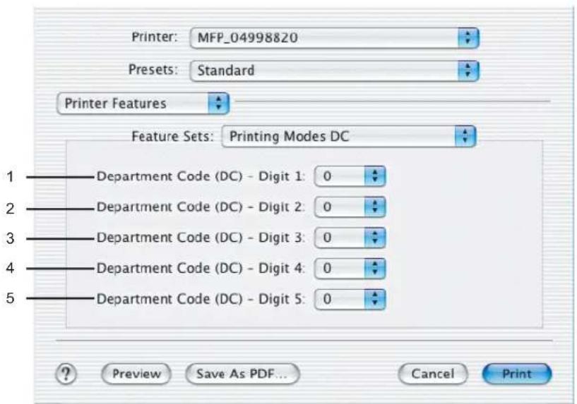 Printer: MFP_04998820 Presets: Standard Printer Features Feature Sets: Printing Modes DC 1 —Department Code (DC) - Digit 1: 0 2 —Department Code (DC) - Digit 2: 0 3 —Department Code (DC) - Digit 3: 0 4 —Department Code (DC) - Digit 4: 0 5 —Department Code (DC) - Digit 5: 0 ? Preview Save As PDF... Cancel Print