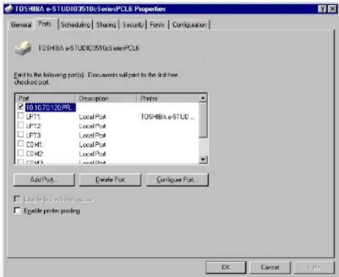 TOSHIBA e-STUD103510cSeriesPCLS Properties General Ports Scheduling Sharing Security Fonts Configuration TOSHIBA e-STUD103510c SalesPCLS Print to the following port(s): Documents will print to the first here checked port. Port Description Printer □ 10.10.70.120PR □ LFT1 LocalPort TOSHIBA e-STUD... □ LFT2 LocalPort □ LFT3 LocalPort □ COM1 LocalPort □ COM2 LocalPort □ COM3 LocalPort Add Port Delete Port Configure Port... □ Enable Printset or success. □ Enable printer packing OK Cancel Help