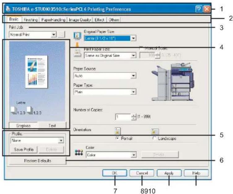 TOSHIEA e-STUDIO 3510c Series PCL6 Printing Preferences Basic Finishing PaperHandling Image Quality Effect Others Print Job Normal Print Original Paper Size: Letter (8 1/2 x 11°) Print Paper Size: Manual Scale Same as Original Size 100 (5.25 - 40°) Paper Source: Auto Paper Type: Plain Number of Copies: 1 (1 - 999) Orientation Portrait Landscape Color Color Edit Presets Defaults Profile: None Save Profile Colors OK Cancel Apply Help 7 8910