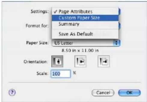 Settings: ✓ Page Attributes Custom Paper Size Format for: Summary Save As Default Paper Size: US Letter 8.50 in x 11.00 in Orientation: Scale: 100 % Cancel OK
