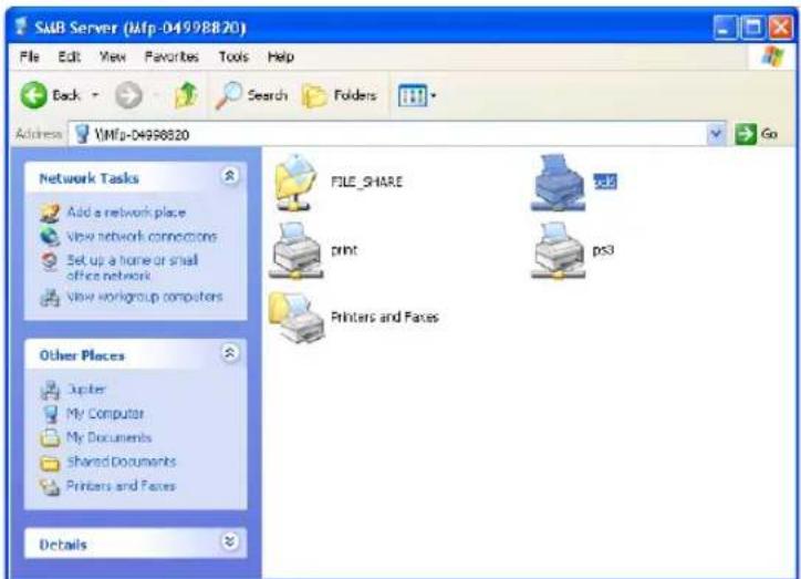 SUB Server (Mfp-04998820) File Edit View Favorites Tools Help Back Search Folders Address VMfp-04998820 Go Network Tasks Add a network place View network connections Set up a home or small office network View workgroup computers Other Places Jupiter My Computer My Documents Shared Documents Printers and Faces Details FILE_SHARE print ps3 Printers and Faces