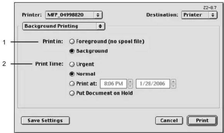 Printer: MFP_04998820 Background Printing 1 Print in: ○ Foreground (no spool file) ● Background 2 Print Time: ○ Urgent ● Normal ○ Print at: 8:06 PM 1/28/2006 ○ Put Document on Hold Save Settings Cancel Print Destination: Printer Z2-8.7