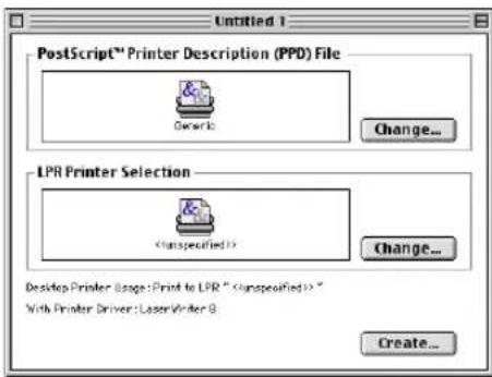 Untitled 1 PostScript™ Printer Description (PPD) File Owner ID: Change... LPR Printer Selection Change... Desktop Printer Stage: Print to LPR " " With Printer Driver: LaserWriter B Create...