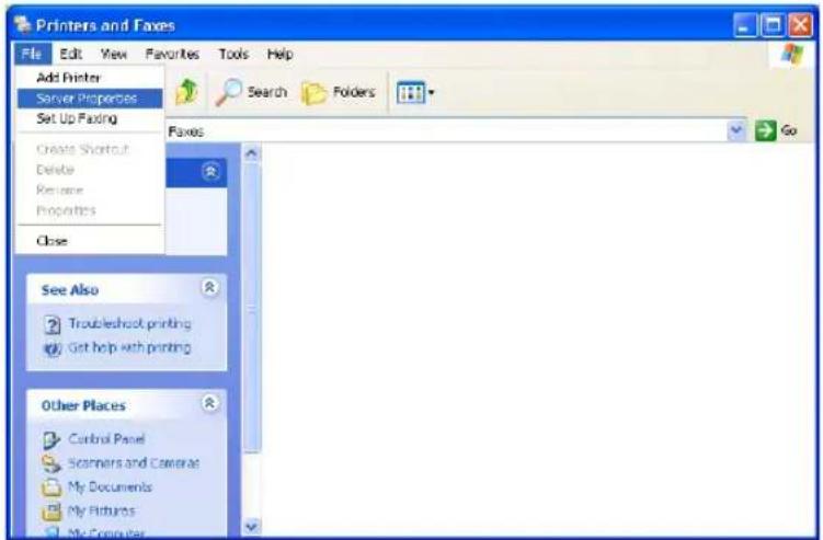 Printers and Faxes File Edit View Favorites Tools Help Add Printer Server Properties Set Up Fasting Create Shortcut Delete Rename Properties Close Faxes Go See Also Troubleshoot printing Get help with printing Other Places Control Panel Scanners and Cameras My Documents My Pictures My Computer